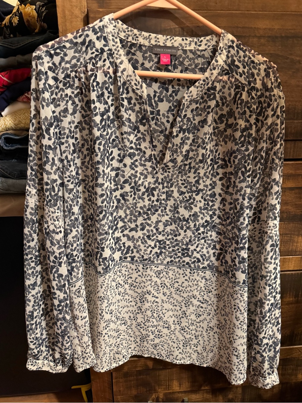 Vince Camuto Navy and Cream Long Sleeve Printed Dress
